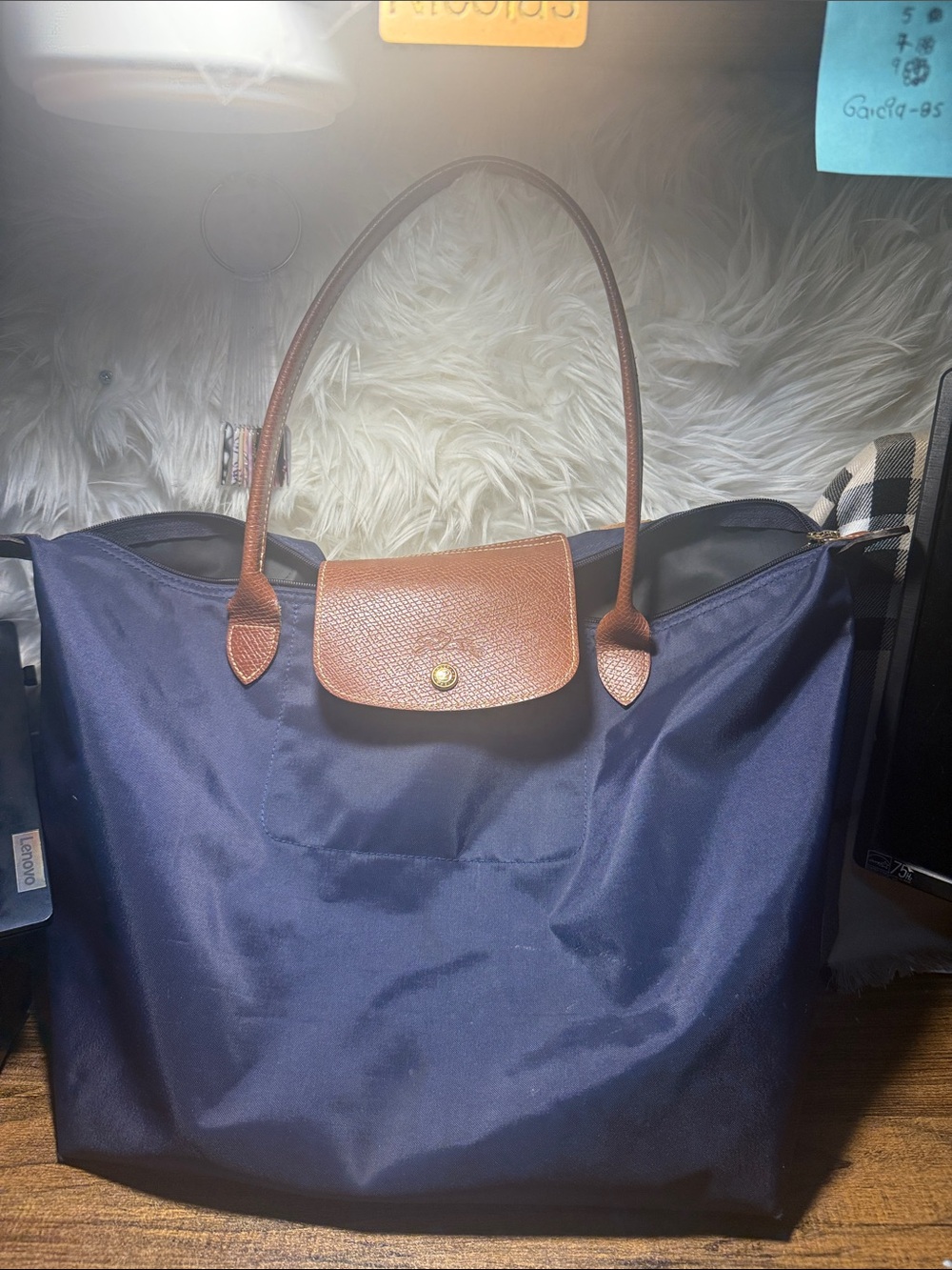 Longchamp Navy Tote with Brown Leather Trim